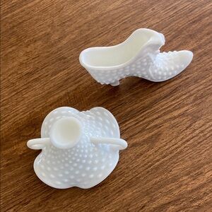 MCM vintage Fenton Cat Head  Hobnail Milk Glass Shoe and Wavy Trinket Tray